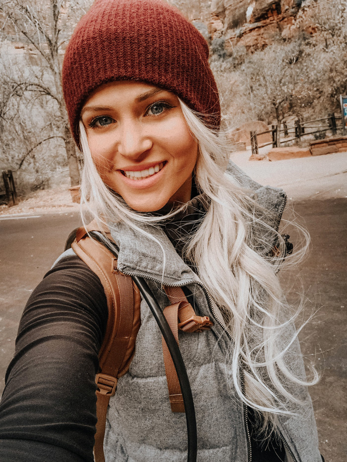Blonde Hair Girl Hiker in Beanie at Zion National Park