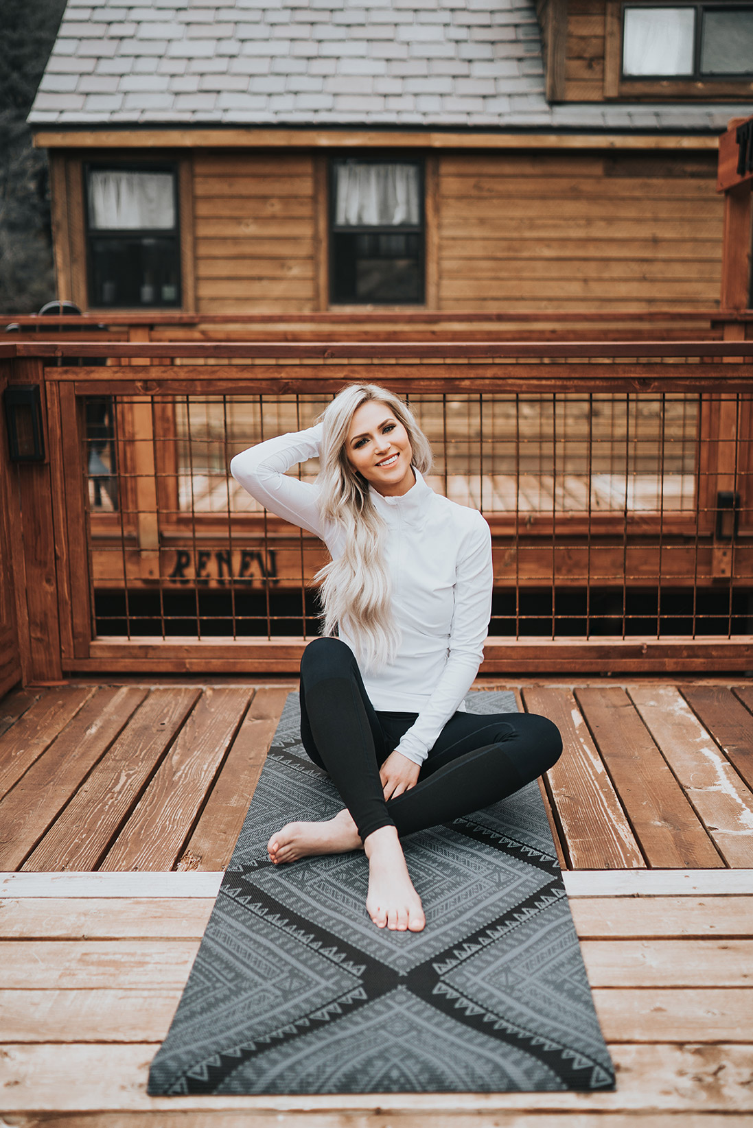 Tiny House Vacation Rental Sedona Arizona Yoga on Patio Deck Fabletics